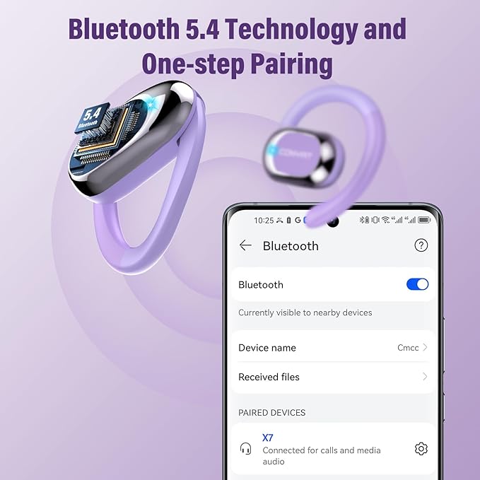 Open Ear Headphones, Wireless Bluetooth 5.4 Earbuds with Big Earhooks, Ultra-Comfort Open Ear Earbuds, 58 Hours HD Stereo Sound Over Ear Earphones, IP7 Waterproof Headset for Workouts, Deep Purple