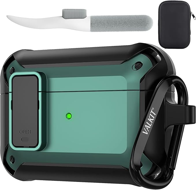 Valkit for Airpods Pro Case Cover with Lock, Military Armor Series Full-Body AirPod Pro Case with Keychain Cool Air Pod Pro Shockproof Protective Case for AirPods Pro 2019, Black/Green