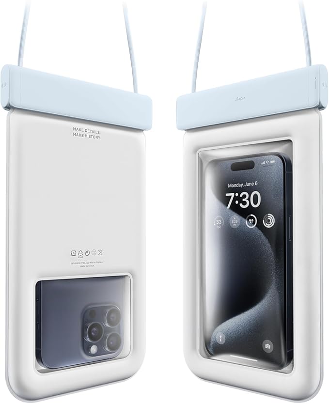 elago Waterproof Phone Pouch for iPhone 16/15/14/13/12/11 Series, Galaxy S25/S24/S23/S22/S21 Series - Underwater Screen Touchable Dry Bag, Dual Zipper Lock, Including Card Pocket [Light Blue]