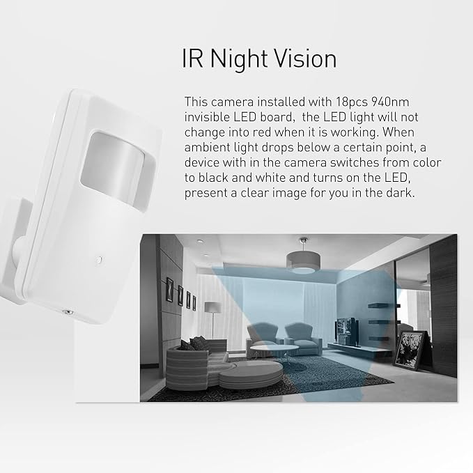 REVOTECH PIR POE IP Camera, HD 3MP Small Indoor Security Camera Covert 3.7mm Lens 940nm Invisible LEDs IR Night Vision P2P H.265(IPIR-M-P White)