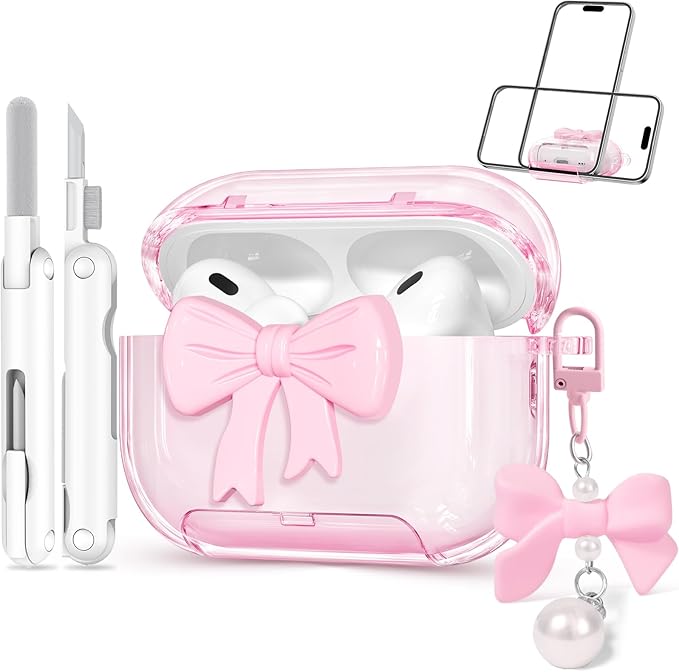 for Airpods Pro 2 Case 2022/2023, Joremx Clear Cases with Phone Stand & Cute Butterfly Keychain & Cleaning Kit, Soft TPU Cover for AirPods Pro 2nd Generation Case Girls Women (Pink)