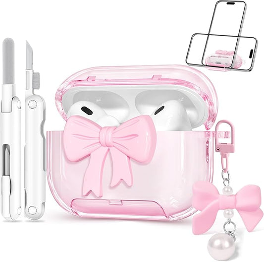 for Airpods Pro 2 Case 2022/2023, Joremx Clear Cases with Phone Stand & Cute Butterfly Keychain & Cleaning Kit, Soft TPU Cover for AirPods Pro 2nd Generation Case Girls Women (Pink)
