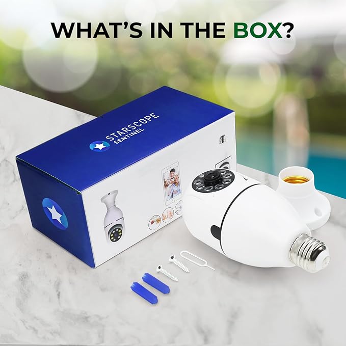 STARSCOPE Sentinel Camera Bulb - 360 HD Video Night Vision WiFi Surveillance Cameras for Outdoor Indoor, Hidden Cam Bulbs System, Motion Sensor Detection Alarm with Two-Way Audio