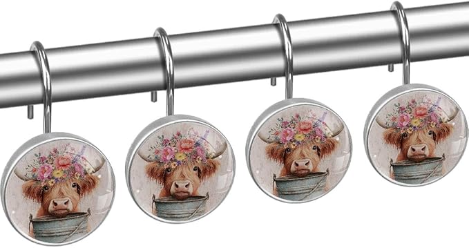 12 Packs Highland Cow with Flowers Shower Curtain Hooks, Stainless Steel Glass Shower Curtain Rings for Bathroom Decor, Rustproof Metal Curtain Rod Hooks