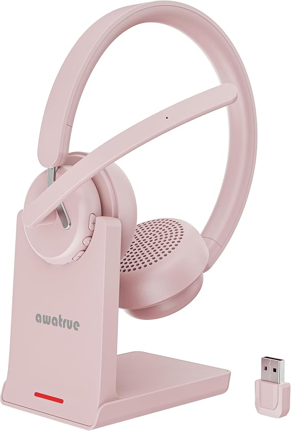 awatrue Wireless Headset with Mic for Work, Bluetooth Headphone with AI Noise Cancelling Mic for Clear Calls, Bluetooth 5.3 & 2.4G Dongle, Computer Headset for Call Center/PC/Zoom(Pink