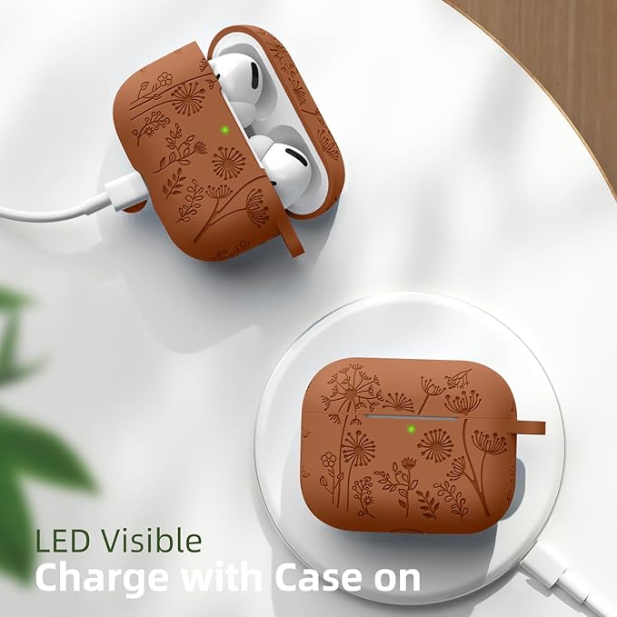 Lerobo Compatible with Apple Airpods Pro Case 2 Cute, Flower Engraved Full Protective for 2nd 1st Generation USB C, Funny Soft Silicone Skin Cover, Front LED Visible C-Brown
