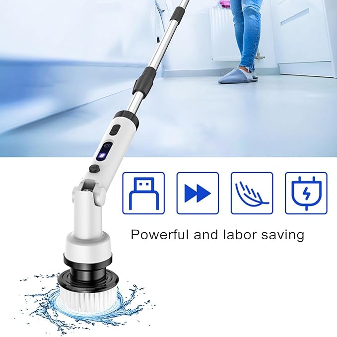 YUYTE Electric Spin Scrubber,Cordless Cleaning Brush with 9 Replaceable Heads,Adjustable Extension Handle, 90 Mins Long Lasting Power for Bathroom, Shower, Tub, Tile, Floor, Car (White)