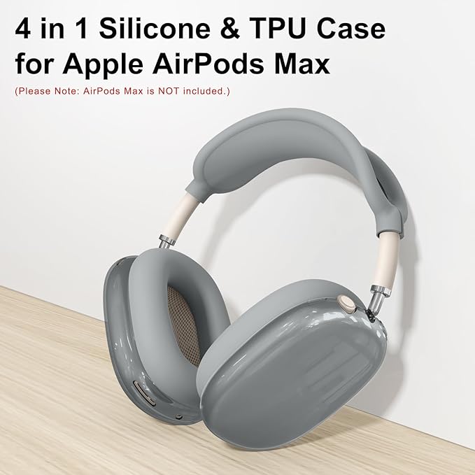 [4 in 1] Silicone Case Cover for AirPods Max Headphones,Clear Soft TPU Ear Cups Cover/Ear Pad Case Cover/Headband Cover for AirPods Max (2024/2020),Transparent Accessories for AirPod Max (USB-C), Gray