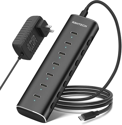 RSHTECH 7-Port Powered USB C 3.2 Hub 36W, 10Gbps USB-C Extender Hub,RSH-H7C
