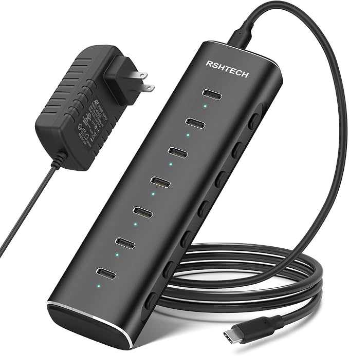 RSHTECH 7-Port Powered USB C 3.2 Hub 36W, 10Gbps USB-C Extender Hub,RSH-H7C