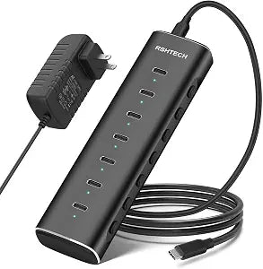 RSHTECH 7-Port Powered USB C 3.2 Hub 36W, 10Gbps USB-C Extender Hub,RSH-H7C
