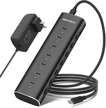 RSHTECH 7-Port Powered USB C 3.2 Hub 36W, 10Gbps USB-C Extender Hub,RSH-H7C