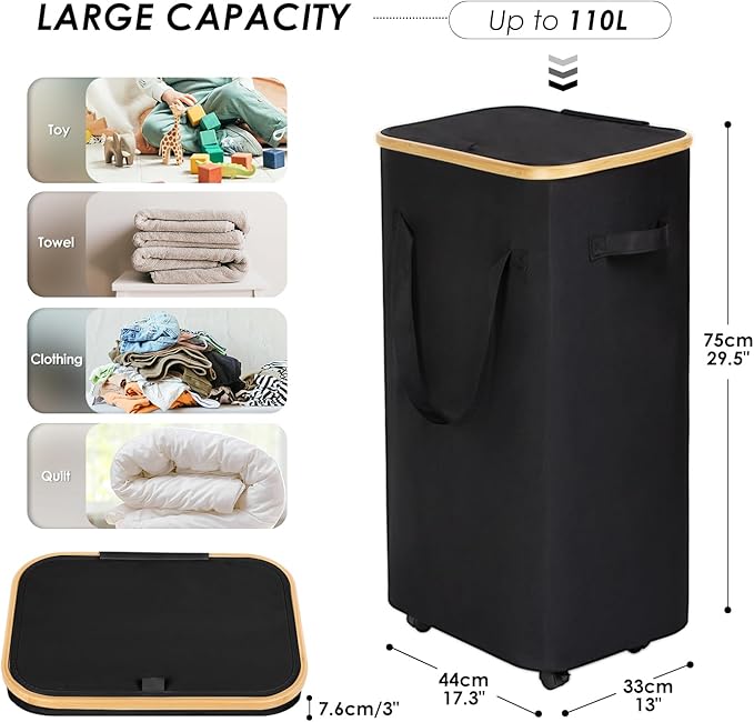 WELTRXE Laundry Hamper on Wheels 110L Large Clothes Basket with Lid and Extended Handles, Foldable Laundry Hamper for Bedroom, Bathroom, Dorm, Laundry Room, Black Rolling Laundry Basket with Wash Bag
