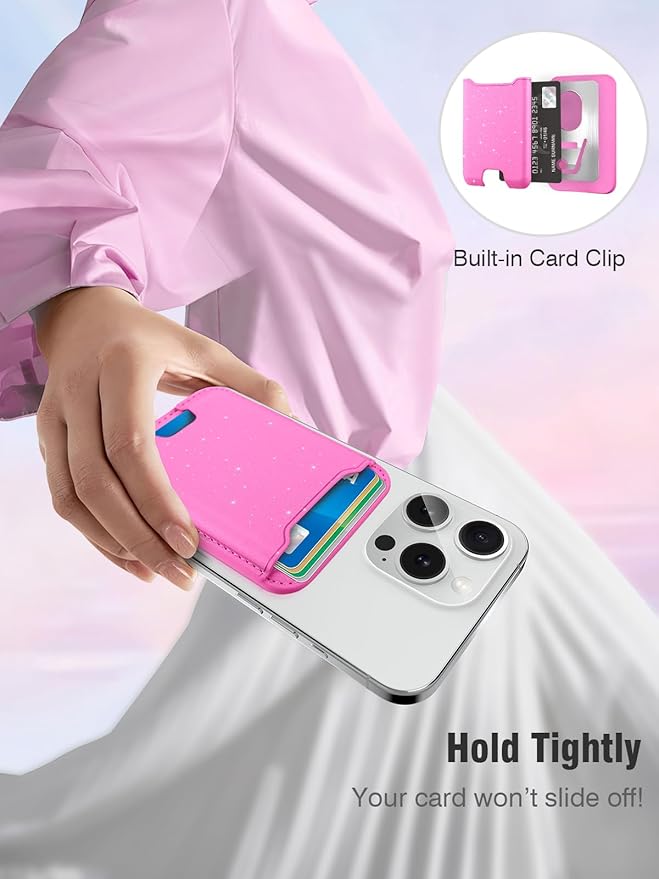 TopMade for Magsafe Wallet, Sparkle Magnetic Card Holder for iPhone 17, iPhone 16/15/14/13/12 Series, Leather Magnetic Phone Wallet with Powerful Magnet, RFID Blocking, Fit 4 Cards, Glitter Pink