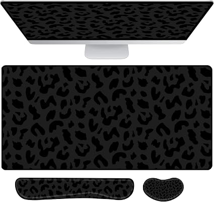 3Pcs Large Gaming Mouse Pad Desk Mat,Keyboard Mouse Wrist Rest Support Set,Extended Laptop Mouse Pad Memory Foam Non-Slip Base for Gamer Home Office(31.5x15.7in)-Black Leopard Cheetah
