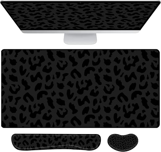 3Pcs Large Gaming Mouse Pad Desk Mat,Keyboard Mouse Wrist Rest Support Set,Extended Laptop Mouse Pad Memory Foam Non-Slip Base for Gamer Home Office(31.5x15.7in)-Black Leopard Cheetah