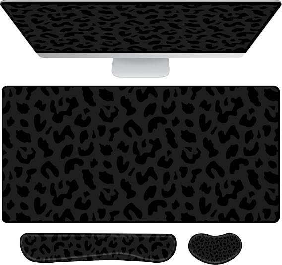 3Pcs Large Gaming Mouse Pad Desk Mat,Keyboard Mouse Wrist Rest Support Set,Extended Laptop Mouse Pad Memory Foam Non-Slip Base for Gamer Home Office(31.5x15.7in)-Black Leopard Cheetah