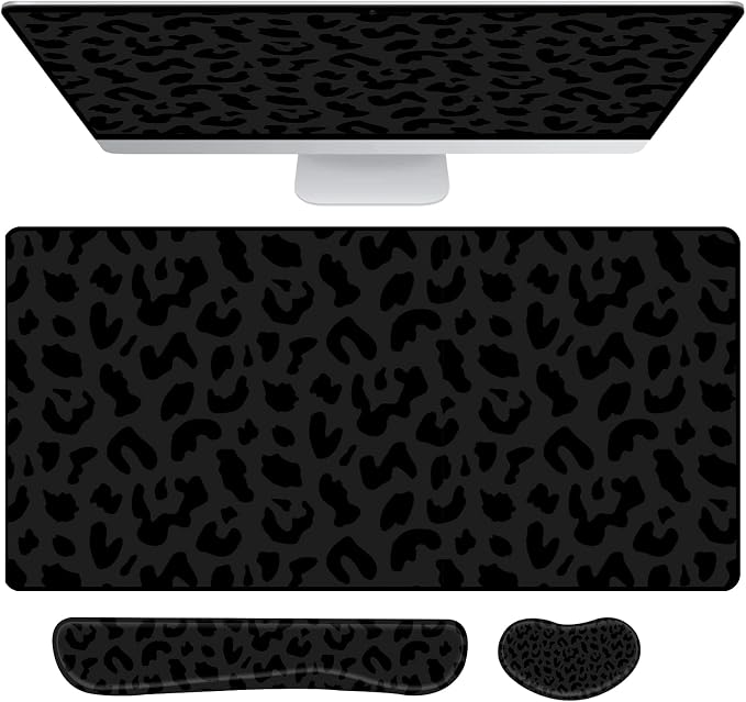 3Pcs Large Gaming Mouse Pad Desk Mat,Keyboard Mouse Wrist Rest Support Set,Extended Laptop Mouse Pad Memory Foam Non-Slip Base for Gamer Home Office(31.5x15.7in)-Black Leopard Cheetah