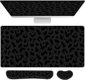 3Pcs Large Gaming Mouse Pad Desk Mat,Keyboard Mouse Wrist Rest Support Set,Extended Laptop Mouse Pad Memory Foam Non-Slip Base for Gamer Home Office(31.5x15.7in)-Black Leopard Cheetah
