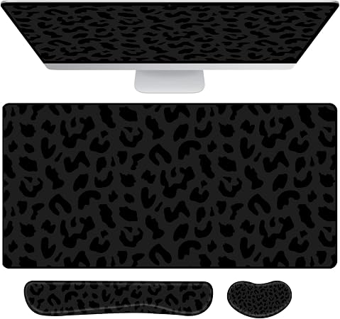 3Pcs Large Gaming Mouse Pad Desk Mat,Keyboard Mouse Wrist Rest Support Set,Extended Laptop Mouse Pad Memory Foam Non-Slip Base for Gamer Home Office(31.5x15.7in)-Black Leopard Cheetah