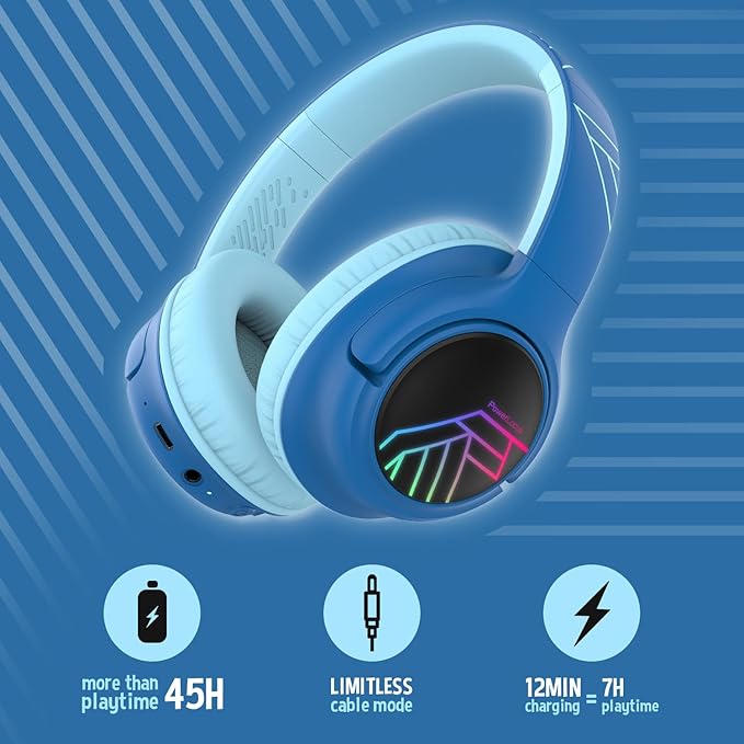 PowerLocus Kids Wireless Headphones, Bluetooth Kids Headphones LED Lights Over Ear with 74/85/94dB Volume Limited, 45H Playtime,Built-in Mic, Two Device Share Mode, HD Stereo for Travel/PC/Tablet