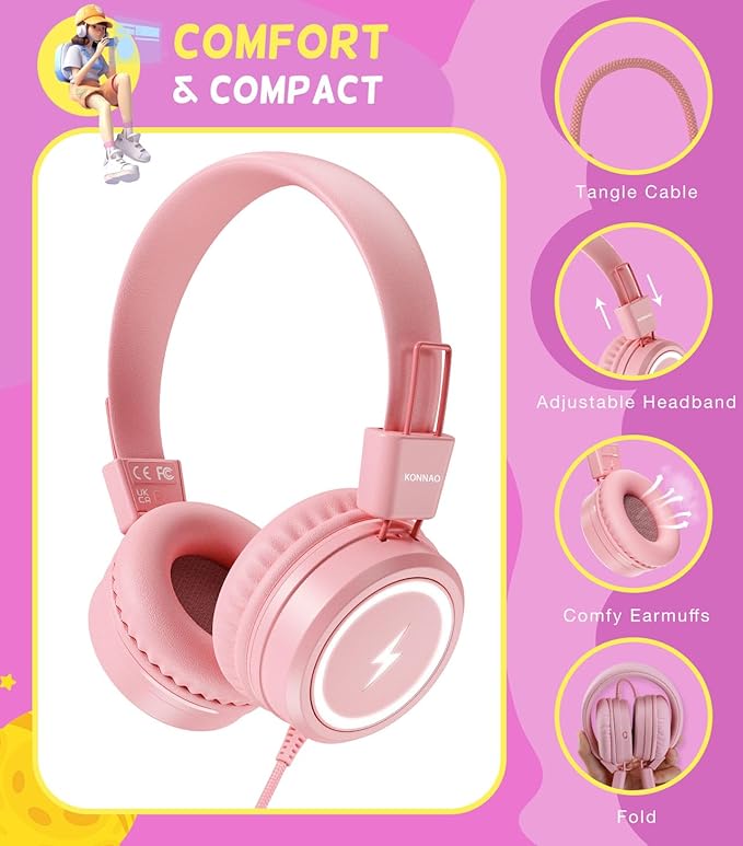 Kid Headphones for School, USB Type C Kids Headphone with LED Lights, Wired Boys Girls Headphones with Safe Limiter 85dB/94dB, Foldable On Ear Headphones with Microphones for Girls, Boys, iPad-Pink
