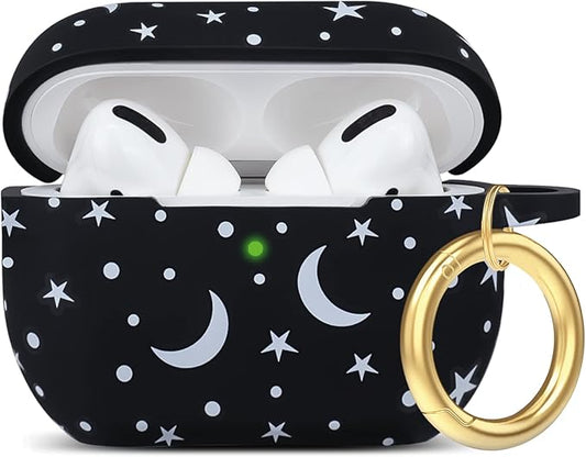 Moon Star Silicone Compatible with AirPods Pro Case 2019, Gawnock Soft Case Cover Flexible for Print Cover for Women Girls with Keychain - Moon/Star