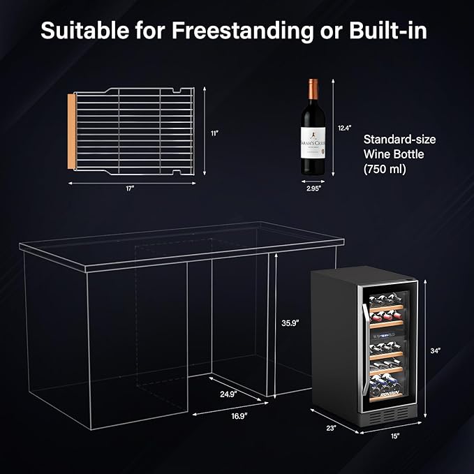 ROVSUN Dual Zone Beverage Refrigerator, 26 Bottle Fridge with Glass Door & Digital Temperature Control, Built-in/Freestanding/Under Counter Wine Cooler Chiller for Champagne, Beer