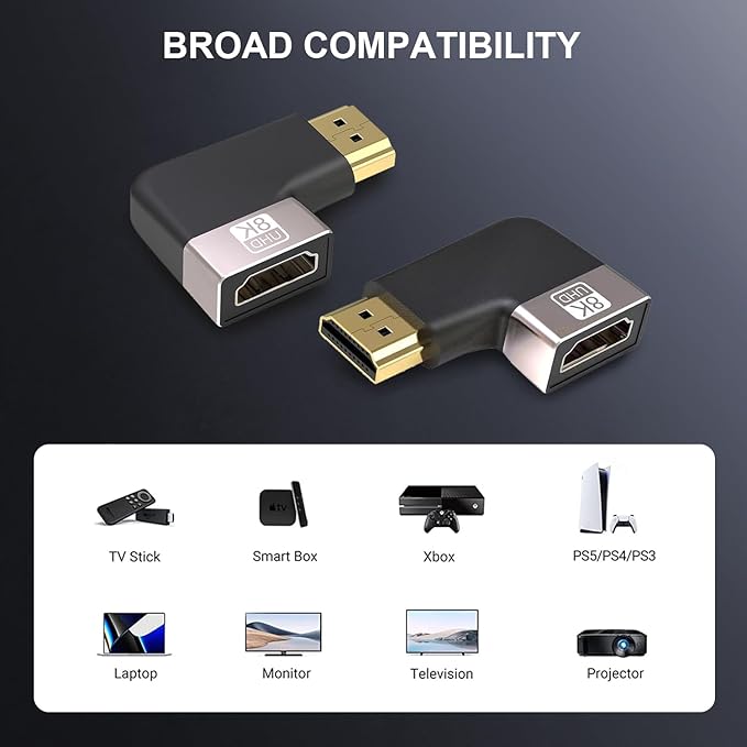 HDMI Coupler 8K, 90 Degree and 270 Degree Gold Plated Adapter 2 Pack, Right Angle HDMI Male to Female Vertical Adapter HDMI Flat Extender, Supports 8K@60Hz，4K@120Hz, for HDTV, Xbox, PS5, 2 Pack