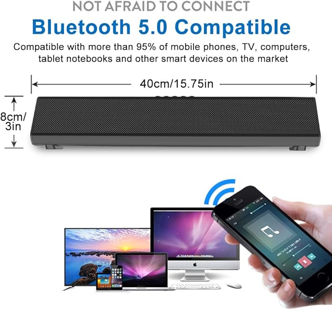 Guppy Sound Bar 15.7 Inch Soundbar for Smart TV Speaker with USB/AUX Connectivity, PC Desktop Speaker, Stereo Wireless Computer Bar Speaker, Subwoofer, for TV/Desktop/Laptop (Black)
