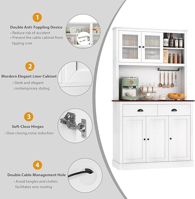 GarveeHome Kitchen Pantry Storage Cabinet, 71 in Tall Wood Pantry with Microwave Stand, Modern Kitchen Hutch Cabinet, Coffee Bar Hutch with Wine Rack for Dining Room, Living Room, White