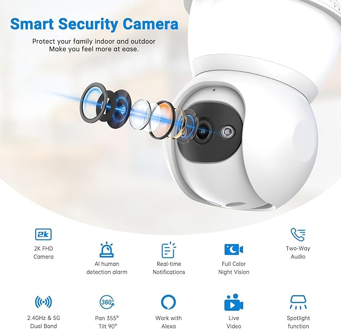 Smart Light Bulb Security Camera,5G&2.4G Security Cameras Wireless Outdoor,2K Light Bulb Camera, 360° Camera for Home Security,AI Detection,Smart Night Vision, Two-Way Audio,Work with Alexa