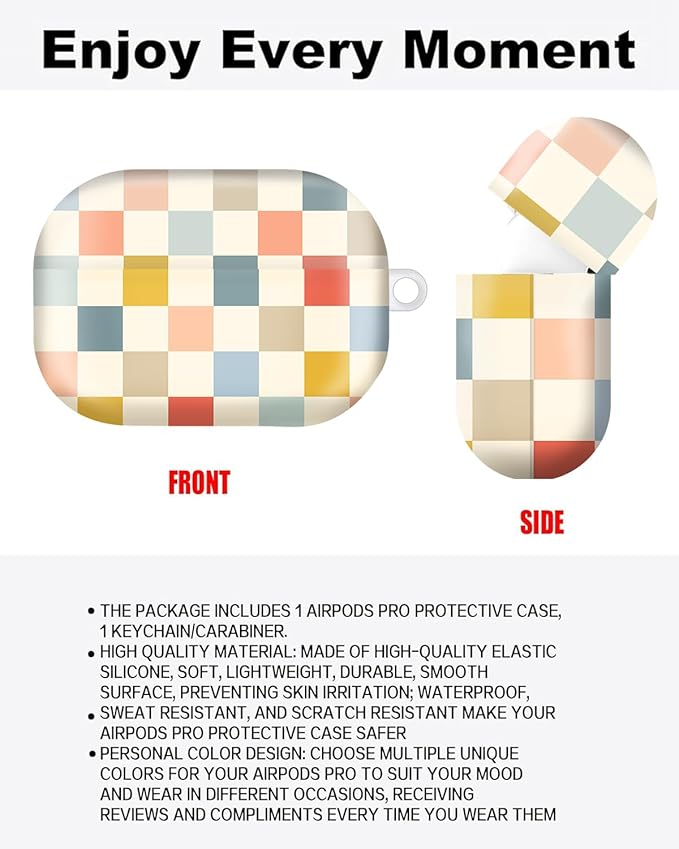 Compatible with AirPod Pro Case 2nd/1st Gen (2023/2022/2019),Shockproof Protective Cover with Keychain for Women,Cute Charging Case for Airpod Pro 2/1(Checkered Beige Light Colors)