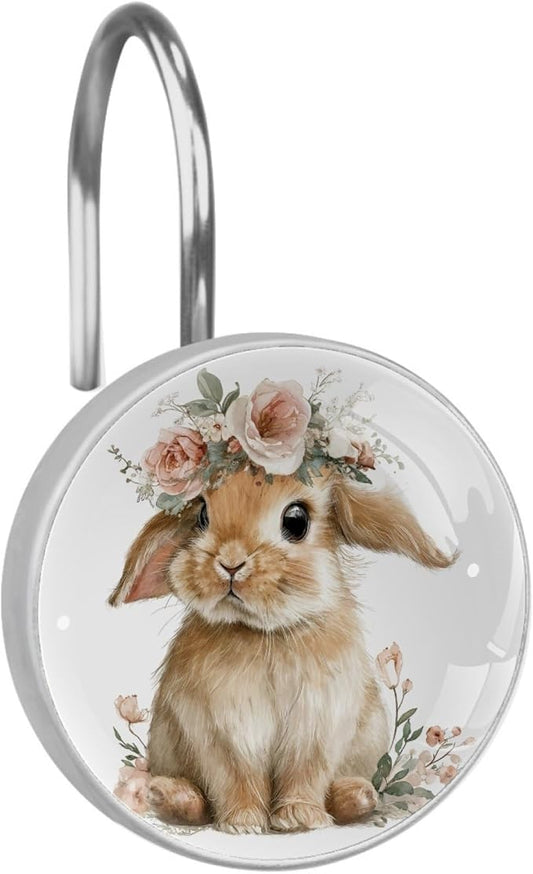 Cute Rabbits and Florals Rust Proof Shower Curtain Hooks 12Pcs for Bathroom Shower Rod, Decorative Shower Hooks Shower Curtain Hanger Rings Roller, Glass, Resin, Stainless Steel