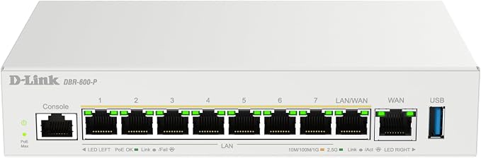 D-Link Guardian 600 PoE Multi-Gig Business Router (DBR-600-P), Premium Router with Multi-WAN Failover, SPI Firewall, 8X 2.5GbE PoE+ LAN, VPN