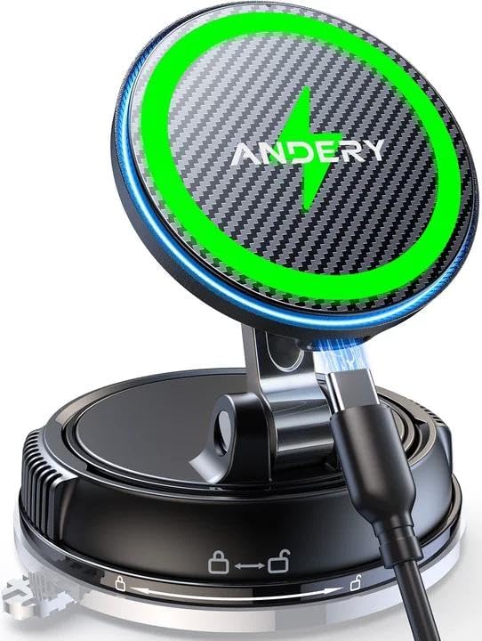 ANDERY Only for iPhone Magsafe Car Mount Charger [15W Wireless Faster Charging, 78+LBS Strongest Suction, 2400gf Strongest Magnetic] 360° Adjustable, Phone Holders for Your Car Accessories Kits