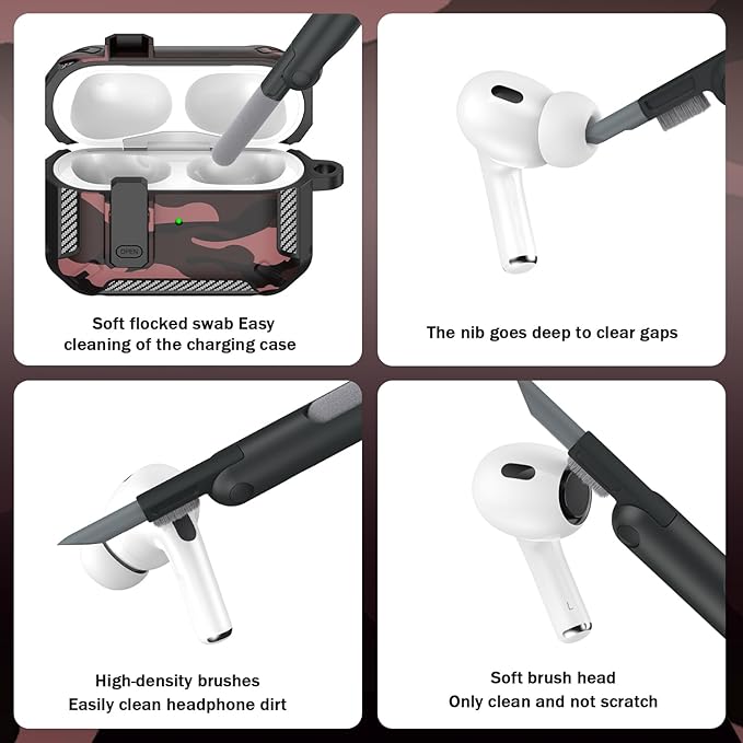 RFUNGUANGO for AirPods Pro 2 Case, Compatible with Airpods Pro Case 2nd / 1st Generation, Compatible with MagSafe, with Cleaning Kit and Keychain, Visible LED, Black, Red Camouflage