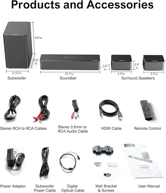 ULTIMEA 5.1 Surround Soundbar for Smart TVs, 320W Peak Power, Adjustable Subwoofer & Rear Speakers, Virtual Home Theater Experience, APP Control, Poseidon D50 (2025 Model)