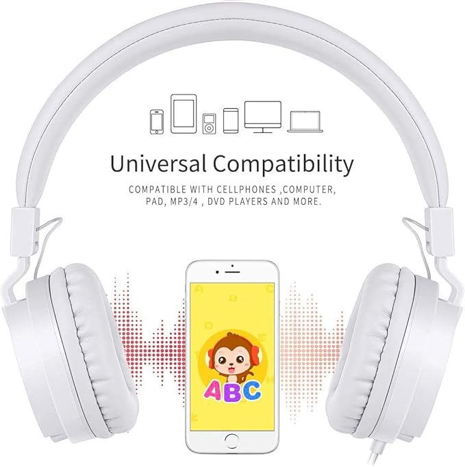 gorsun Kids Headphones, Lightweight Stereo Wired Toddler Headphones，Adjustable Headband Children's Headset for Smartphones Computer Pad Earphones(White)