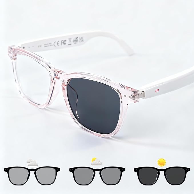 AI Smart Glasses, Anti Blue Light Bluetooth Translation Glasses with 164 Hands-Free Calls & Audio Multifunctional Smart Sunglasses for Men Women Travel Trade Business (KL01-White-Color-Change-Lens)