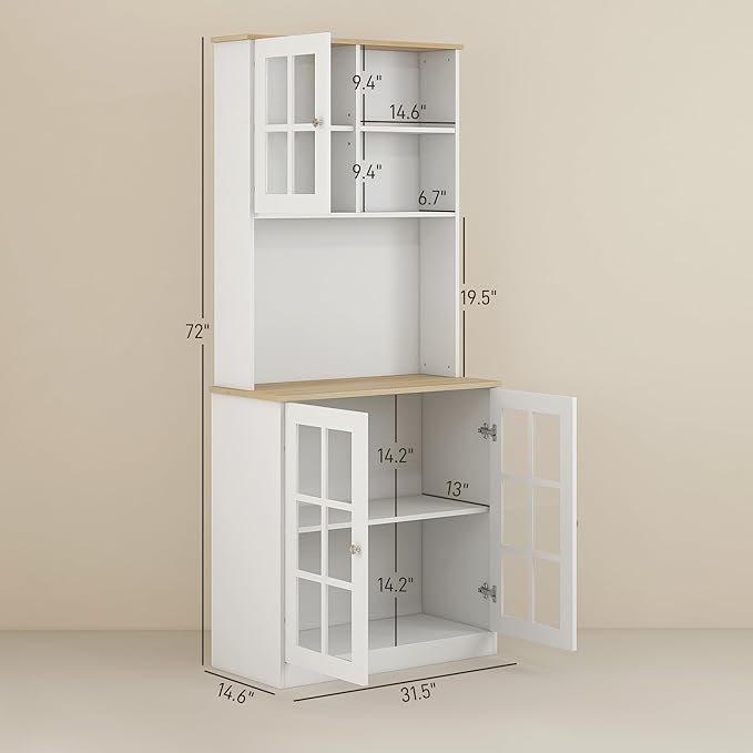 HOMCOM Kitchen Pantry Storage Cabinet, 72" Freestanding Cabinet with Hutch, Large Countertop, Glass Doors and Adjustable Shelves for Dining Room, White