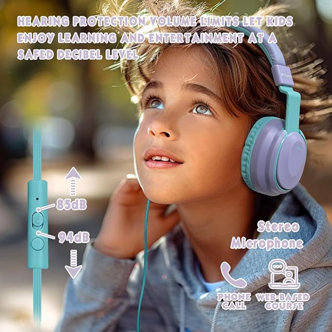 Headphone Kids Volume Limited 85/94dB Wired Over-Ear/On-Earr Foldable Headset with Inline Cable Aux 3.5mm Cord Mic for Toddler Boy Girl Child Back to School Pad Tablet Light Purple