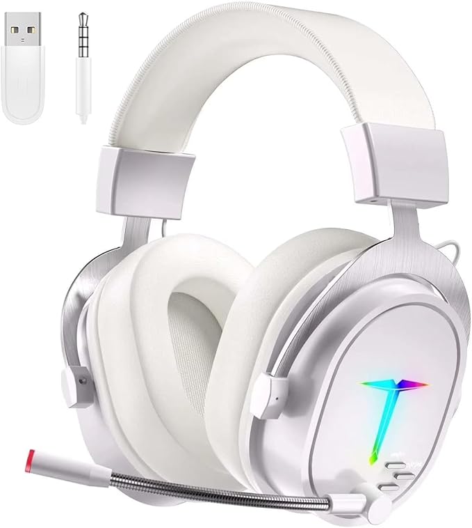 Wireless Gaming Headset for PS5/PS4/PC/Nintendo Switch, Over Ear 2.4G/Bluetooth Gaming Headphones with Noise-Canceling Microphone, 7.1 Surround Sound, 3.5mm Wired Mode for Xbox Series, Black (White)