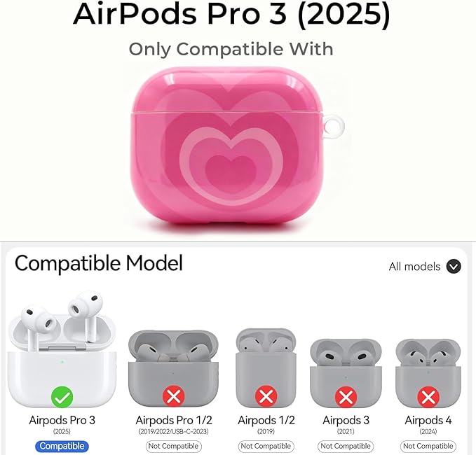 for AirPods Pro 3 Case 2025 - Cute Hot Pink Heart TPU Cover with Pendant Keychain for Air pod Pro 3 Cover,Soft Shockproof for AirPods Pro 3rd Generation, for Girls Women