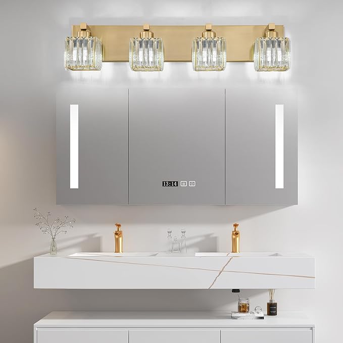 Gold Crystal Bathroom Vanity Lights, 4 Lights Bathroom Lighting Fixtures Over Mirror Modern Gold Crystal Bath Wall Light with Square Shade