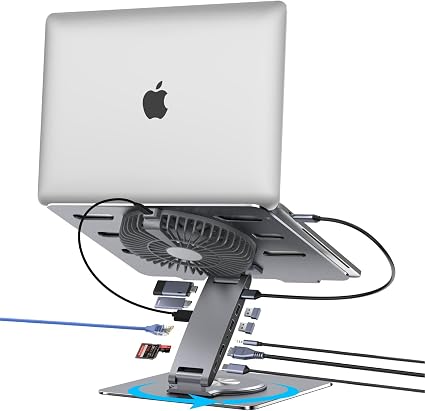 Laptop Docking Station Stand with Fan Aluminum Laptop Riser with USB-C Hub 11-IN-1 4K60Hz HDMI 100W PD Charging USB3.0 Ethernet Audio TF/SD, 360° Swivel, for MacBook Pro/Air, iPad Pro & Type-C Laptops - Image 4