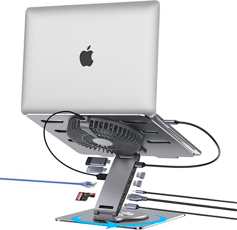 Laptop Docking Station Stand with Fan Aluminum Laptop Riser with USB-C Hub 11-IN-1 4K60Hz HDMI 100W PD Charging USB3.0 Ethernet Audio TF/SD, 360° Swivel, for MacBook Pro/Air, iPad Pro & Type-C Laptops - Image 5
