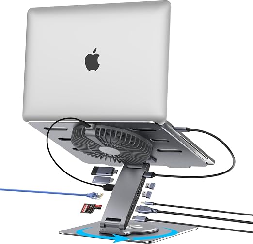 Laptop Docking Station Stand with Fan Aluminum Laptop Riser with USB-C Hub 11-IN-1 4K60Hz HDMI 100W PD Charging USB3.0 Ethernet Audio TF/SD, 360° Swivel, for MacBook Pro/Air, iPad Pro & Type-C Laptops - Image 6