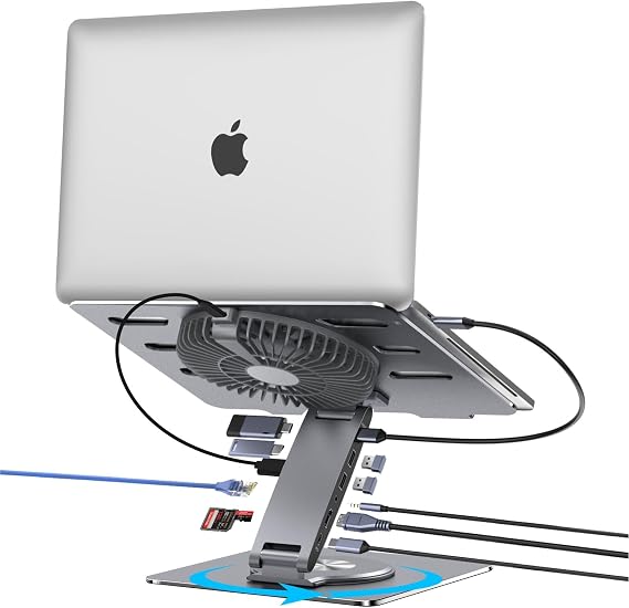 Laptop Docking Station Stand with Fan Aluminum Laptop Riser with USB-C Hub 11-IN-1 4K60Hz HDMI 100W PD Charging USB3.0 Ethernet Audio TF/SD, 360° Swivel, for MacBook Pro/Air, iPad Pro & Type-C Laptops - Image 7