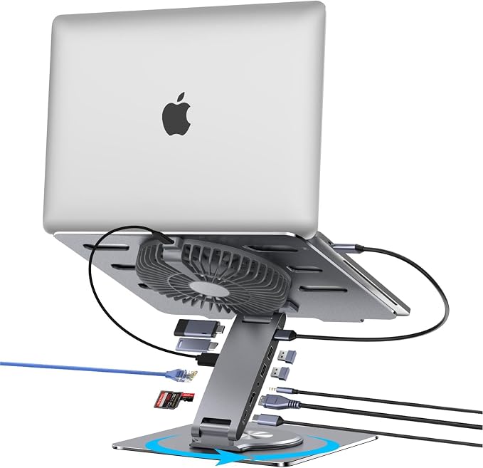 Laptop Docking Station Stand with Fan Aluminum Laptop Riser with USB-C Hub 11-IN-1 4K60Hz HDMI 100W PD Charging USB3.0 Ethernet Audio TF/SD, 360° Swivel, for MacBook Pro/Air, iPad Pro & Type-C Laptops - Image 8